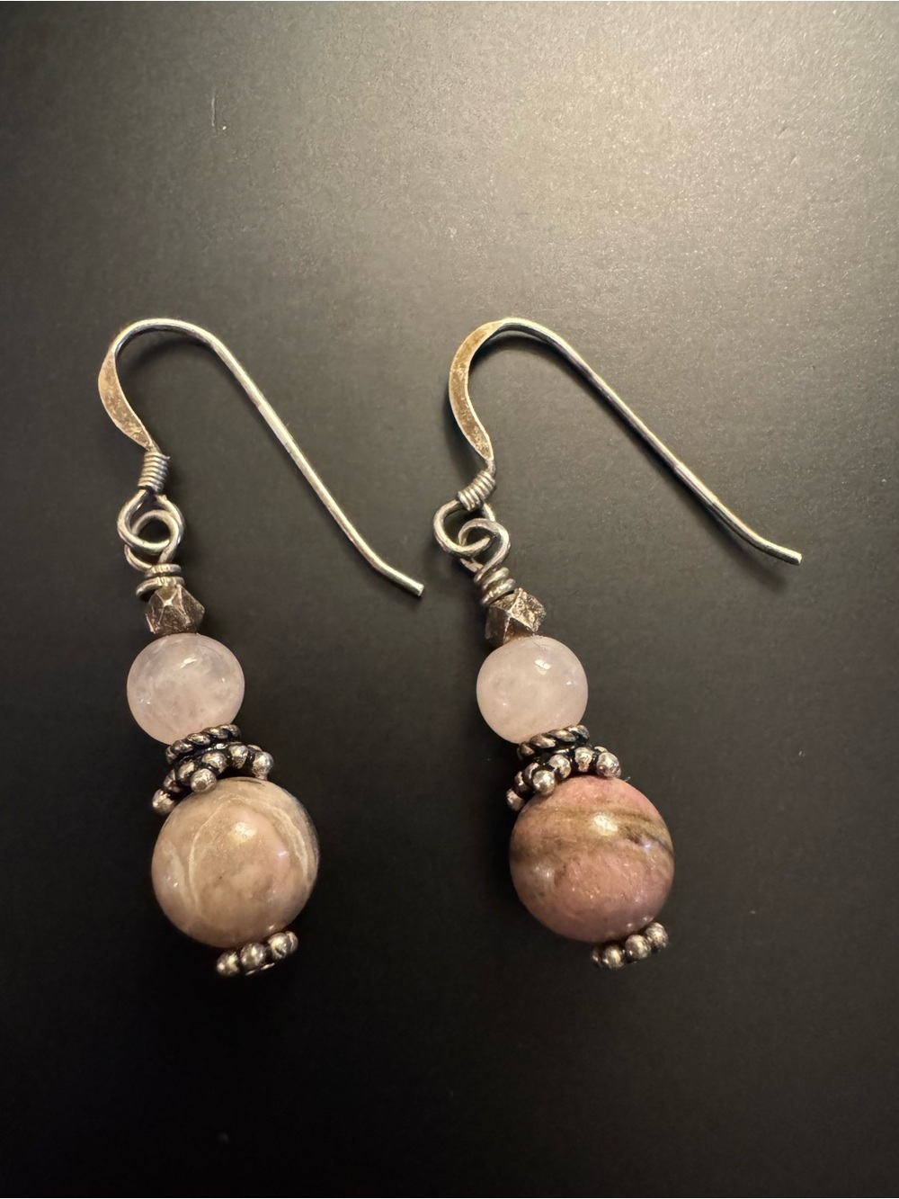 Sterling Silver Rose Quartz & Pink Jasper Artisan Dangle Earrings